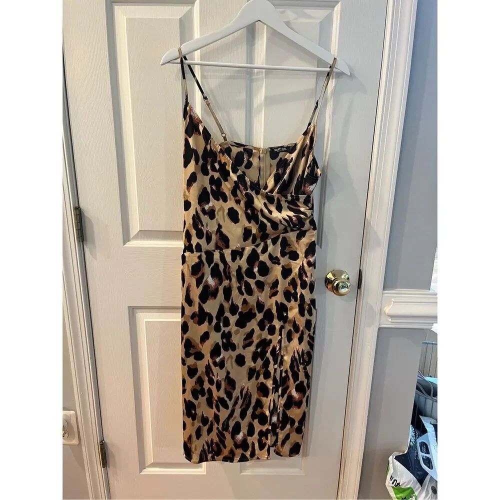 Nasty Gal Cross Over Side Slit Leopard Print Slip Dress sz 8